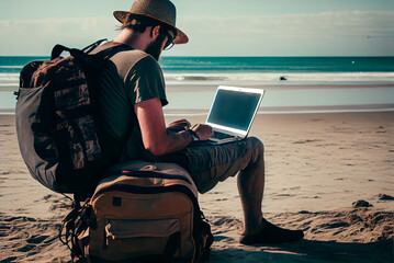 Generative AI illustration of a an unrecognizable digital nomad man, working with his laptop and backpack on the beach