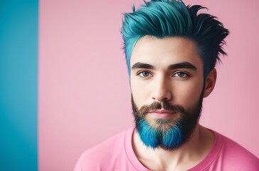 A man with blue hair and a beard in a pink shirt on a pink background, blue-pink color scheme, character portrait. Generative AI