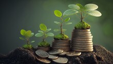 Ground Plants Grow On Stacked Coins . Renewable Energy Production Is Essential For The Future, Generative AI