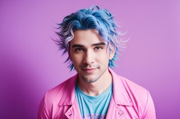 Wall Mural - A man with blue hair and a beard in a pink shirt on a pink background, blue-pink color scheme, character portrait. Generative AI