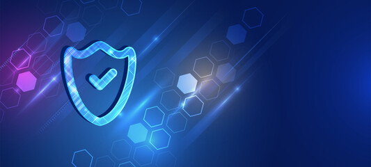 Poster - Abstract high tech background. Data security system, information, or network protection. Cyber security and data protection. Shield icon, future technology for verification.