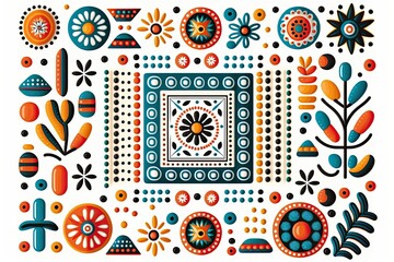 Canvas Print - Mexican tribal pattern made from squares, circles, alphabets, poka dots, lines, flowers, and patterns, modern traditional in the white background. minimal boho generative ai