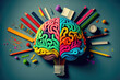 © Nattawat - Colorful lightbulb brain with books and stationery, education concept, ai generated