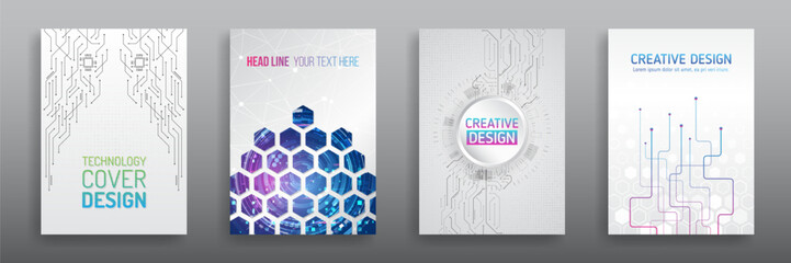 Grey hi-tech vector illustrations for business presentations. Futuristic business posters, Technology covers corporate documents. Layout template science designs. Brochure, flyer, book, annual report.