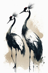 Couple of beautiful white red crowned cranes on white background. Traditional ink painting style gohua, sumi-e, u-sin, generative ai