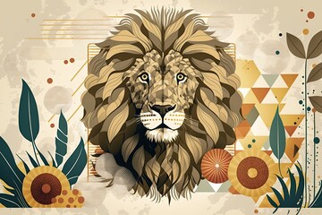 Wall Mural - lion made from squares, circles, alphabets, poka dots, lines, flowers, and patterns, modern traditio