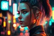 A beautiful woman's face with a futuristic Tokyo style neon city in the background, generative ai
