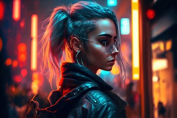 Wall Mural - A beautiful woman with white hair and glasses in a futuristic city with neon lights, generative ai