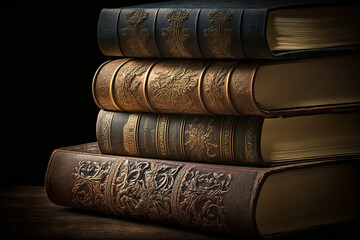 Stack of old leather cover books on a wooden table with black background. Generative AI