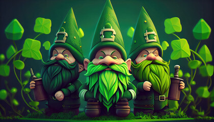 St. Patrick's Day Irish gnomes with clover for good luck. Generative AI