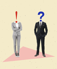 Creative Art collage of a man and woman with heads shaped like question mark and exclamation mark. Concept of business, ideas, professionalism and success. Productive communication. Copy space.
