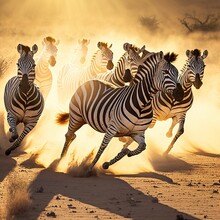 A Herd Of Zebras Galloping Across A Sun-soaked Savannah, Ai Genrative