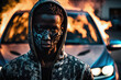 © J S - Gang war in a ghetto such as Stockholm - a black teenage boy, wearing a mask with a burning car in fire flames in the background after migration crisis, copy space, generative ai