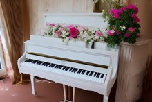 Elegant Old White Piano With Broken Keys Decorated With Flowers. Classic Interior - Generative Ai 