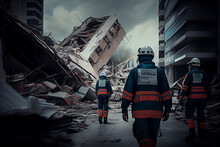 Rescuers In Uniform And Helmets Dismantle The Rubble Of Houses After The Earthquake, The Ruined City And Multi-storey Buildings, Disaster, The Consequences Of A Strong Earthquake. Generative AI