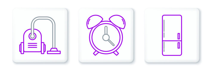 Sticker - Set line Refrigerator, Vacuum cleaner and Alarm clock icon. Vector