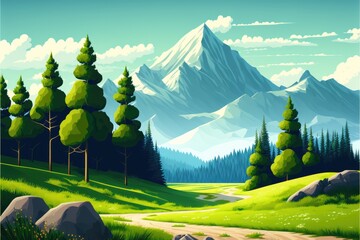 mountain landscape with green hills, sandy road and natural valley. vector picturesque place backgro