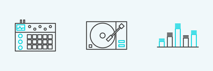 Sticker - Set line Music equalizer, Drum machine and Vinyl player with vinyl disk icon. Vector