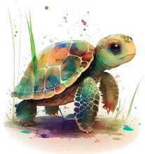 Cute Baby Turtle Watercolor Style. Artwork Design, And Illustration For Clothes.