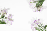 Fototapeta Tulipany - Bouquet of white lilac Alstroemeria flowers on a white table, on a grey background. Creative kind of flowers. Top view