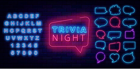 Wall Mural - Trivia night neon sign. Speech bubbles frames set. Quiz show. Game competition. Vector stock illustration