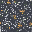 Seamless pattern with cute wildflowers on a dark background. Floral  background in liberty style. Hand drawn vector illustration for fashion print