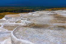 View Of Dry Traventines In Pamukkale On A Sunny Summer Day. Turkey