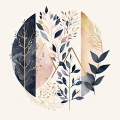 Wall Mural - Arrangements. leaves, branches, circle, square, triangle, lines shapes, Navy blue, blush, pink, ivory, beige watercolor Illustration and gold elements, on white background, AI generative
