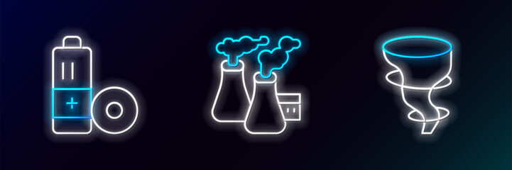 Wall Mural - Set line Tornado, Battery and Smoke from factory icon. Glowing neon. Vector