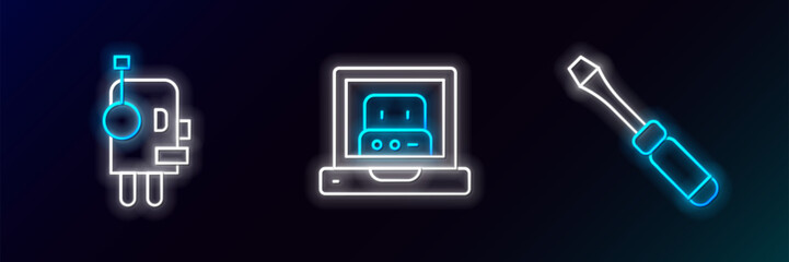 Poster - set line screwdriver, robot and creating robot icon. glowing neon. vector