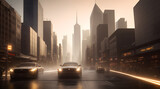 Fototapeta  - technological city skyline with traffic foggy atmosphere newyork style