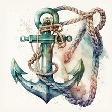 Watercolor Hand Drawn Nautical / Marine Illustration With Anchor And Rope, AI Assisted Finalized In Photoshop By Me 