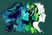 Women Rights Day Wallpapers: Feminism And Artistic Abstract Women Backgrounds In Green And Blue. International Women's Day. 3d Rendering.