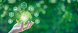 © Montri - ESG icon concept in the hand for environmental, social, and governance in sustainable and ethical business on the Network connection on a green background. Nature Meet Technology.