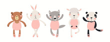 Banner With Cute Animals Ballerina Girls In Leotards, Isolated On White. Hand Drawn Vector Illustration. Scandinavian Style Flat Design. Concept For Kids Fashion, Textile Print, Ballet School, Studio