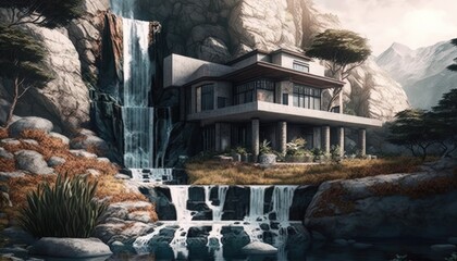 Canvas Print - Luxury house nest to the waterfall in the nature for sophisticated people