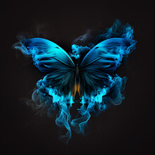 Contours Of Blue Butterfly In Smoke On Black Background, Fantastic Magic Background, Unusual Beautiful Wallpaper
