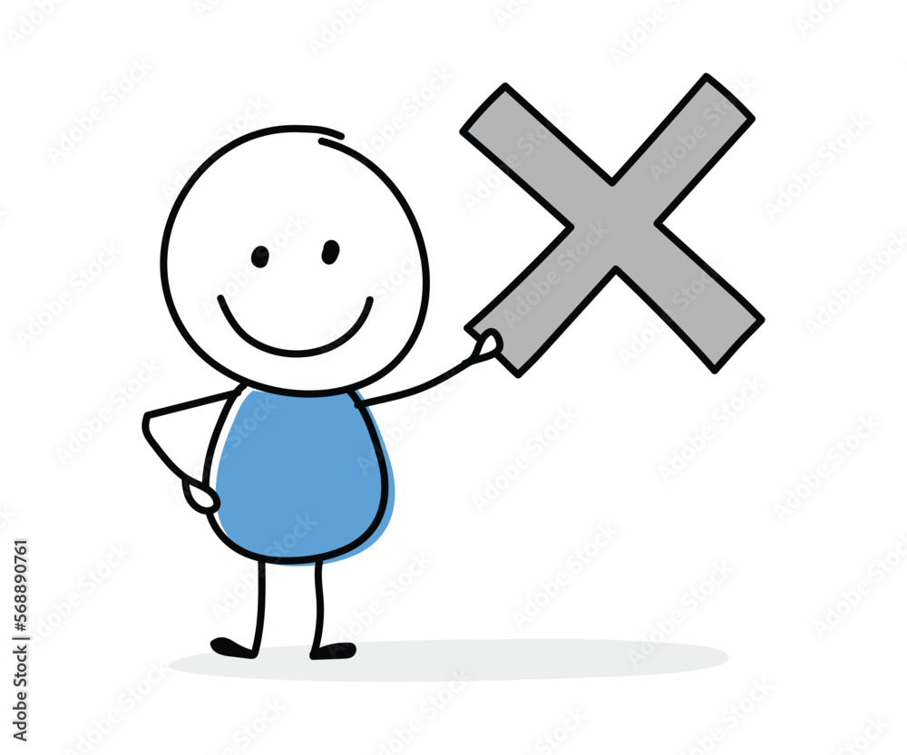 Hand drawn cross mark symbol. Funny concept with a stickman holding ...