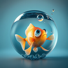 3D cartoon character of a spherical goldfish with big eyes, Golden Bubbles A Cute 3D Cartoon Goldfish, Generative AI