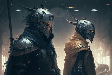 two sci fi warriors in a rainy setting, fantasy, bounty hunters. generative ai