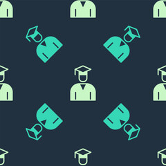 Wall Mural - Green and beige Graduate and graduation cap icon isolated seamless pattern on blue background. Vector