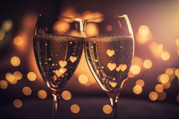 Couple of champagne glasses on glowing glittery bokeh background. Generative Ai art. Valentine's Day