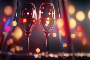 Couple of champagne glasses on glowing glittery bokeh background. Generative Ai art. Valentine's Day