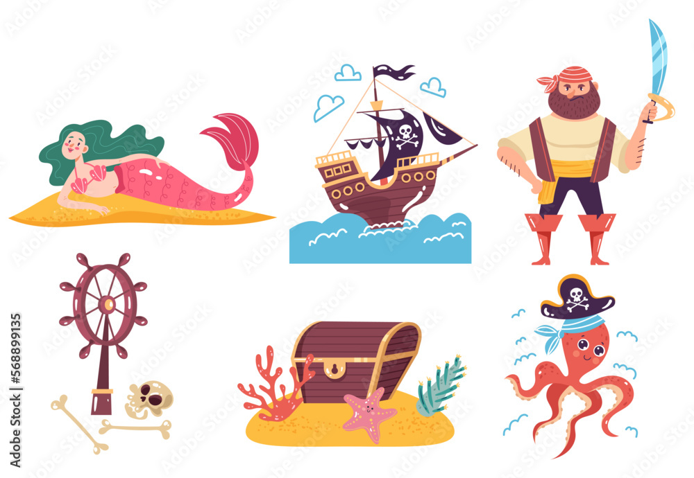 Pirate treasure chest mermaid characters isolated set. Vector graphic ...