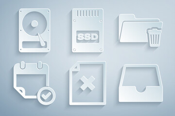 Poster - set delete file document, folder, calendar with check mark, social media inbox, ssd card and hard di
