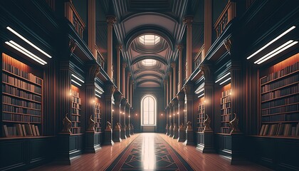 Sticker -  a long hallway with a lot of books on the walls and a clock on the wall in the middle of the room with a lot of books on the floor.  generative ai