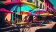  a row of colorful umbrellas sitting on top of a sidewalk next to a building on a sunny day in the sun with tables and chairs.  generative ai