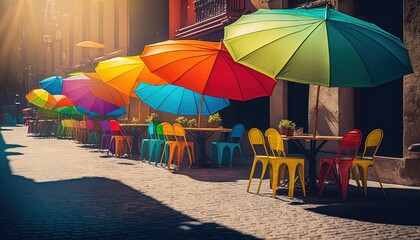  a row of colorful umbrellas sitting on top of a sidewalk next to a sidewalk side walk with tables and chairs on it and a building in the background.  generative ai