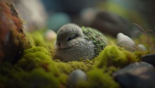  A Small Bird Sitting On Top Of A Green Moss Covered Ground Next To Rocks And A Tree Branch In The Background With A Blurry Background Of Rocks And Grass.  Generative Ai
