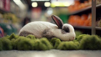  a stuffed rabbit is laying on the ground in a store aisle with other stuffed animals in the aisle behind it and on the ground are shelves.  generative ai